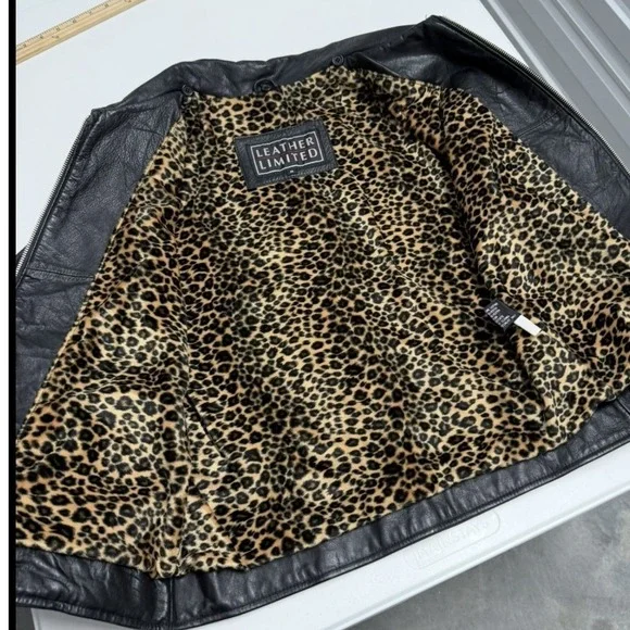 Leather Limited Black Genuine Leather Jacket Leopard Print Lining Womens Medium - Picture 3 of 6